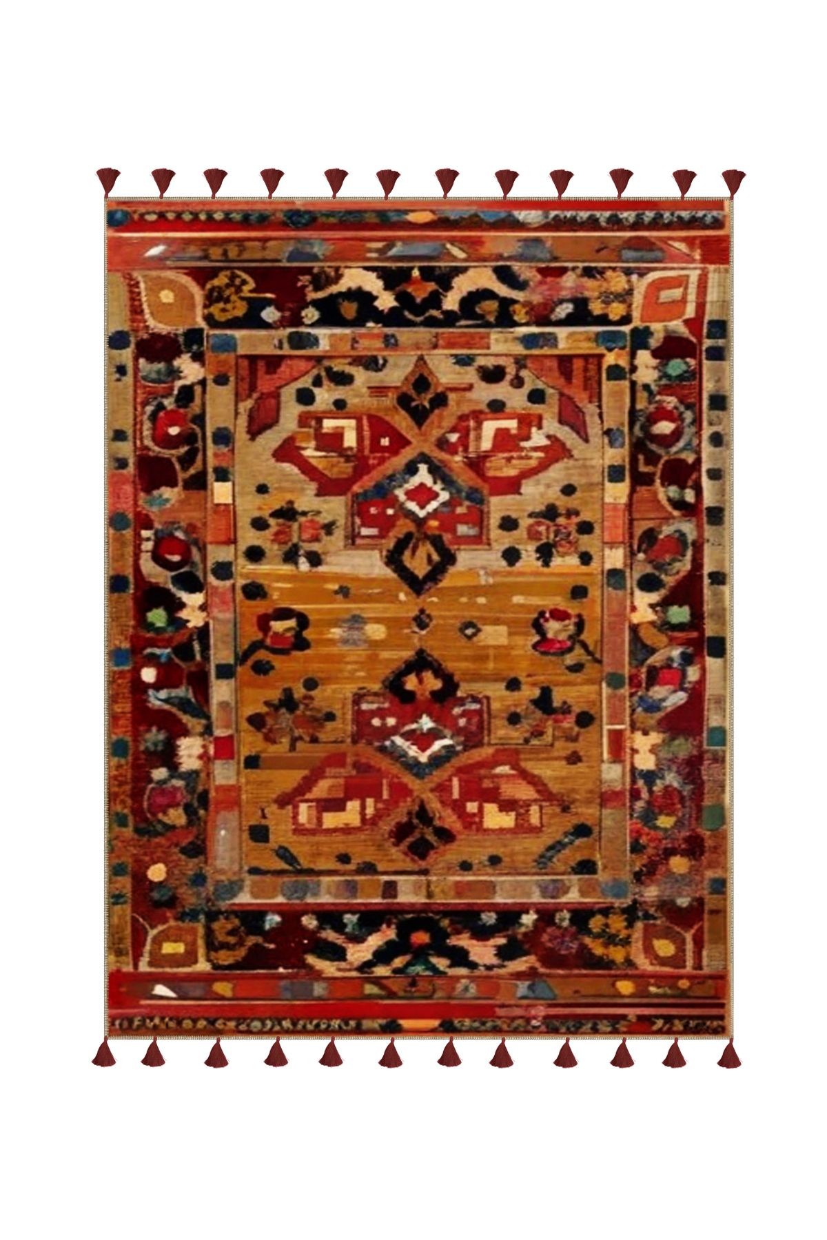 Royal Karma Şekiller Motifli Desenli Püskül Detaylı Dokuma Taban Dekoratif Halı royal31