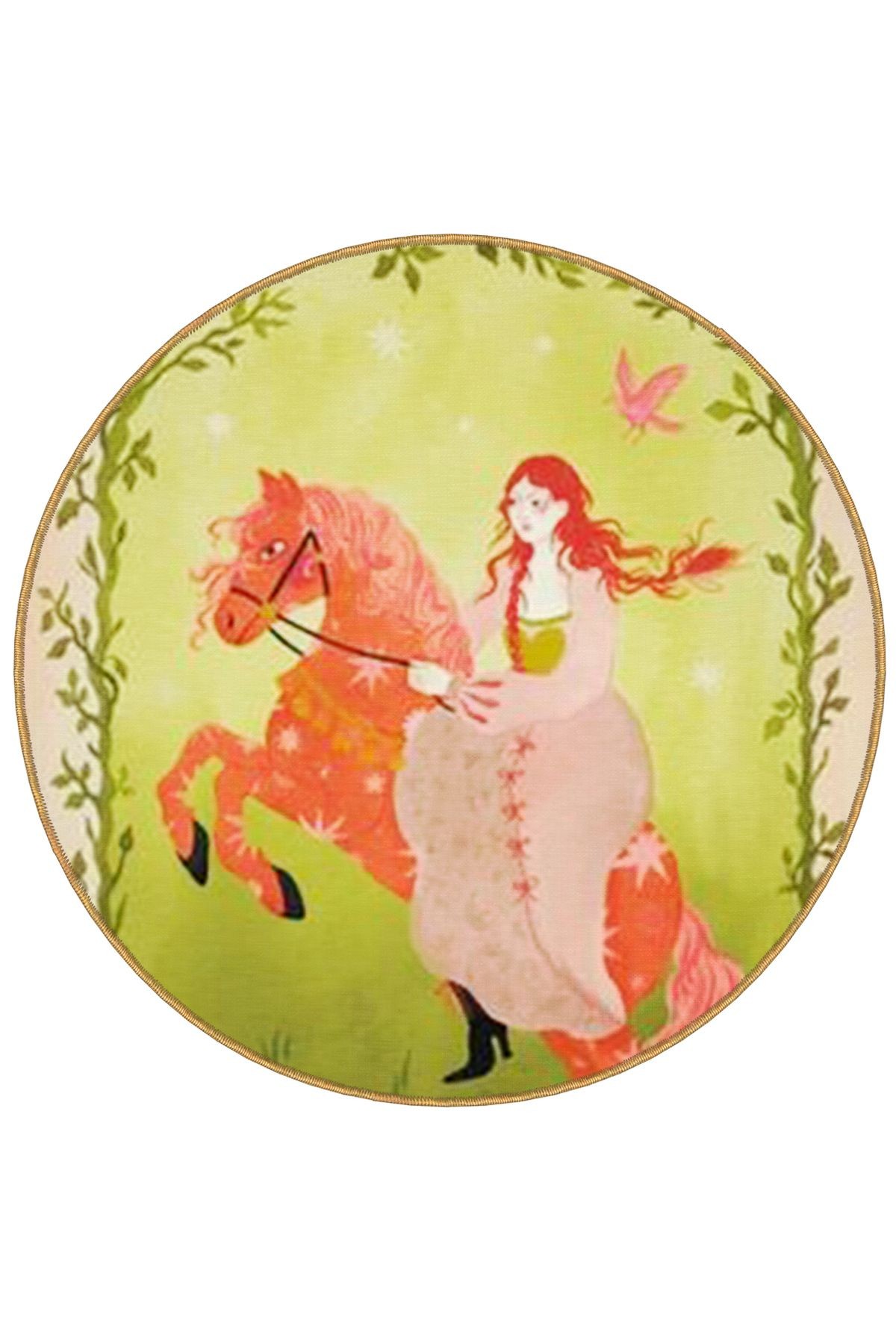 Yeşil Tema Atlı Prenses Desenli Yuvarlak Dokuma Taban Vintage Dekoratif Halı 6109