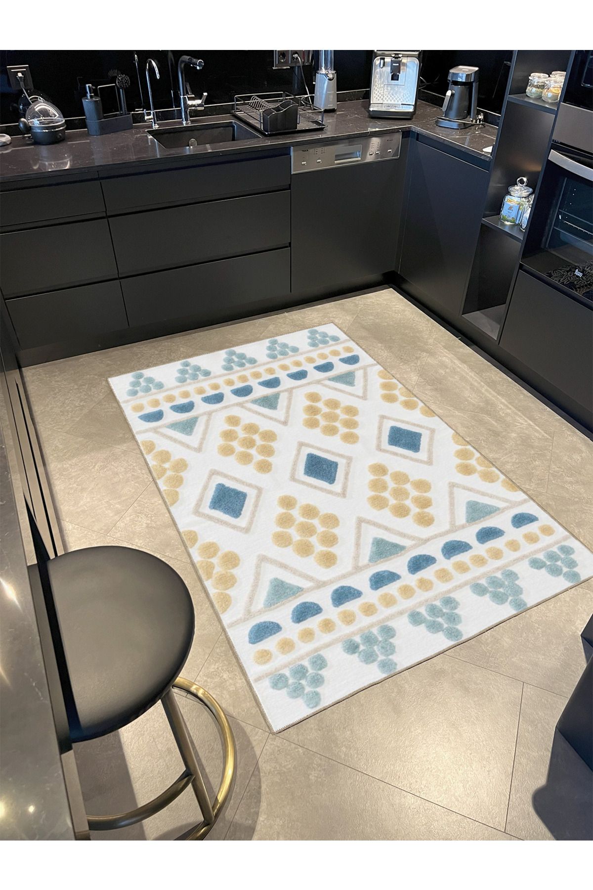 Krem Geometrik Dokuma Taban ve Dekoratif Yıkanabilir Halı miravip8503