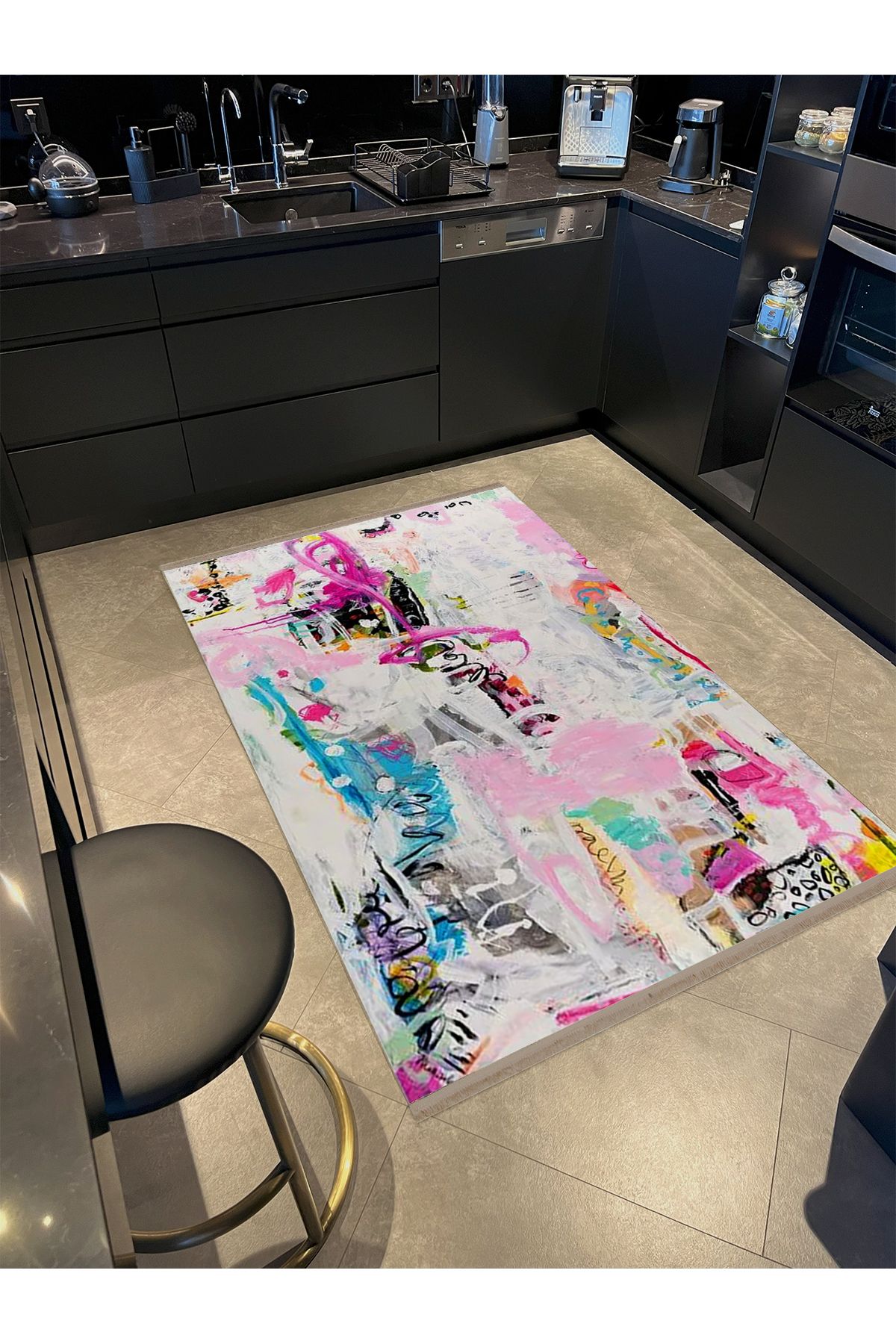 Özge Koleksiyonu Yağlı Boya Görünümlü Pembe Tonlu Soyut Desenli Dokuma Taban Dekoratif Halı özge24