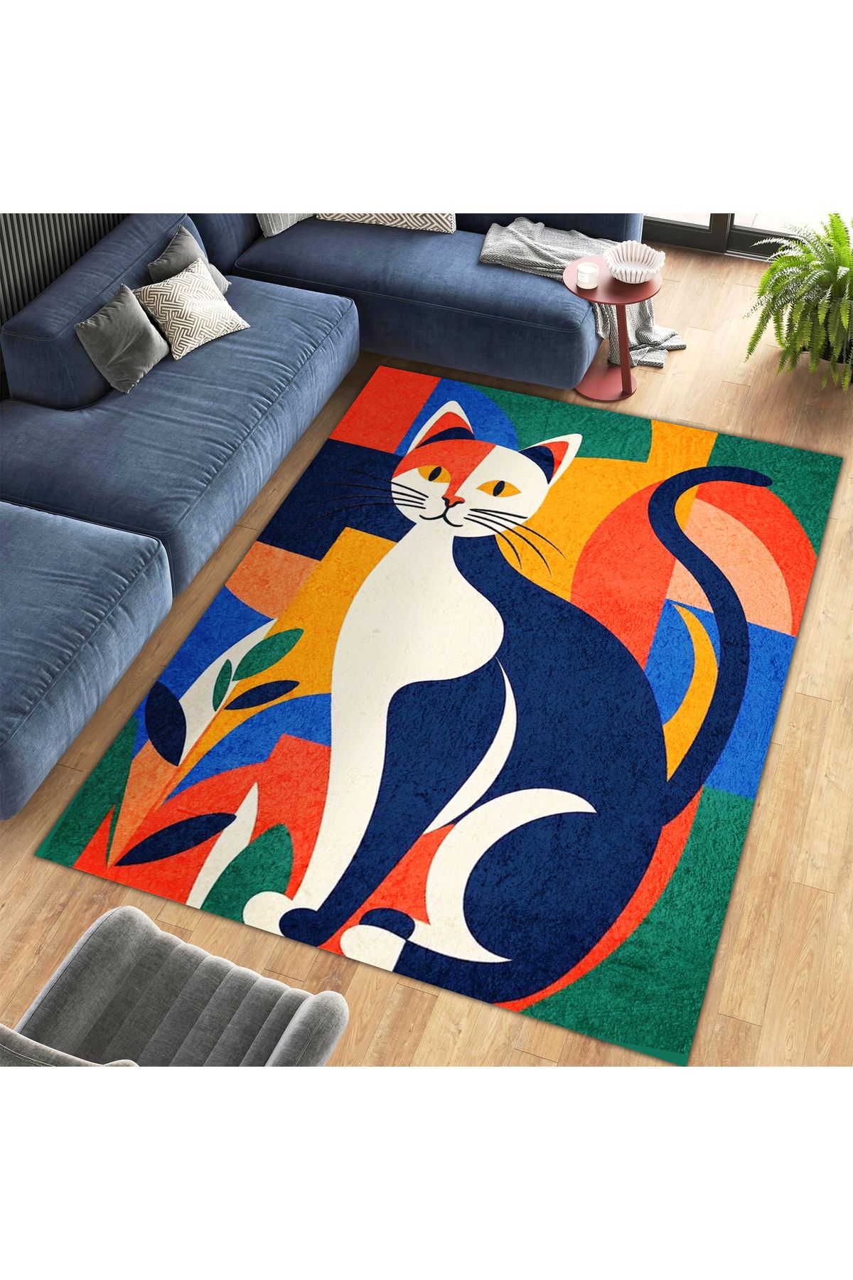 Kuzey Koleksiyonu Çok Renkli Kedi Desenli Dokuma Taban Dekoratif Halı kuzey20