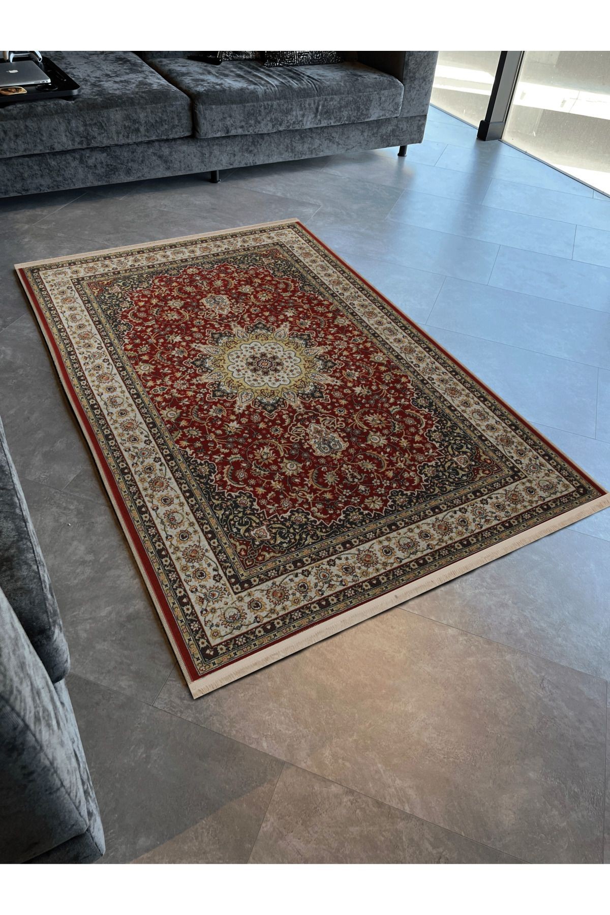 Bordo Temalı Çok Renkli Geleneksel Motif Desenli Kreatif Vintage Dekoratif Halı 2754