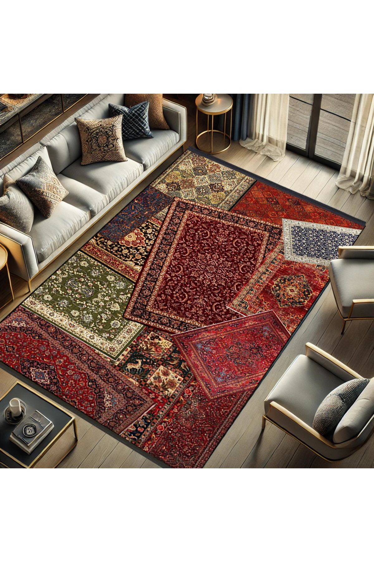 Kuvars Koleksiyonu Çok Renkli Vintage Motifler Desenli Dokuma Taban Etnik Dekoratif Halı kuvars19