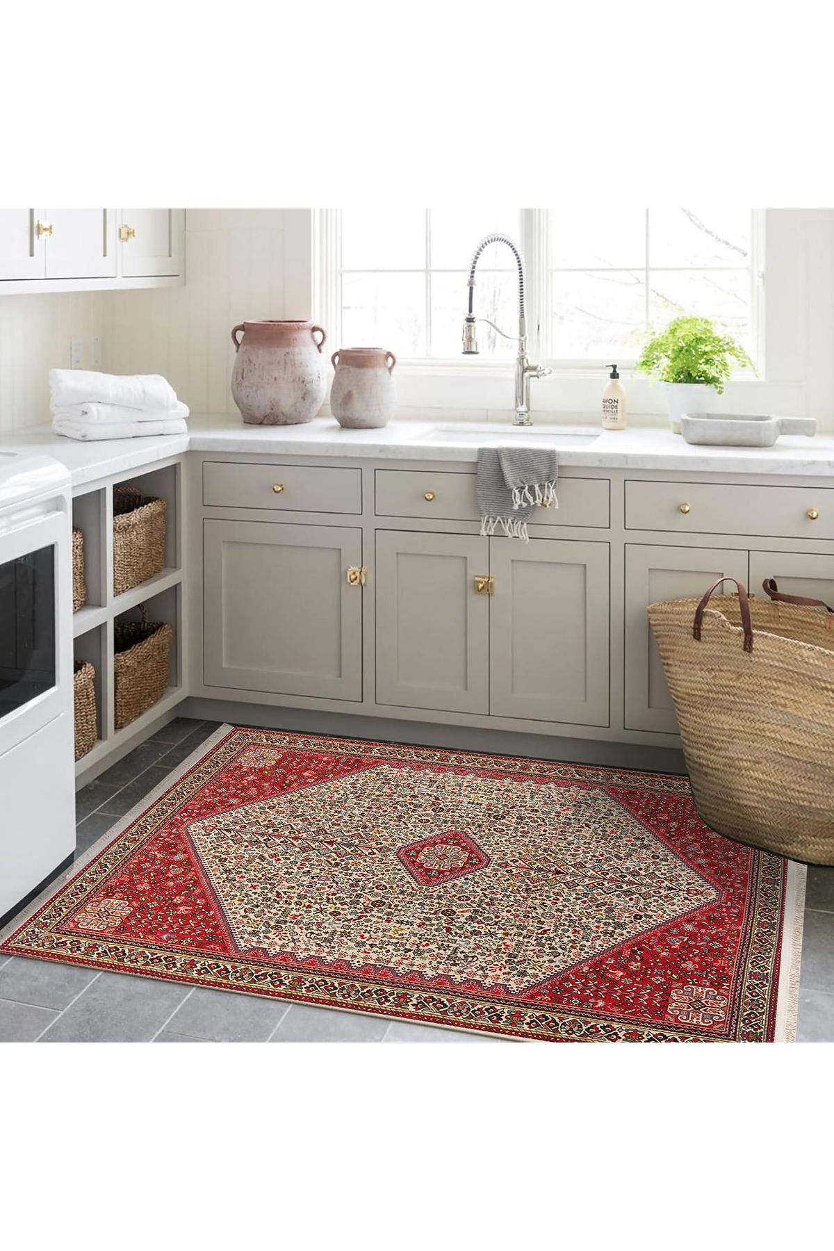 Güney Koleksiyonu Bej Kırmızı Temalı Etnik Motifler ve Geleneksel Desenli Vintage Dekoratif Halı 23