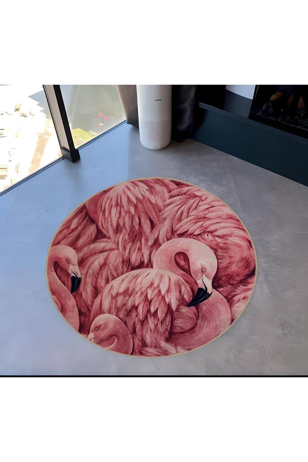 Animal Koleksiyonu Yuvarlak Flamingo Desenli Dokuma Taban Yıkanabilir Halı animal12