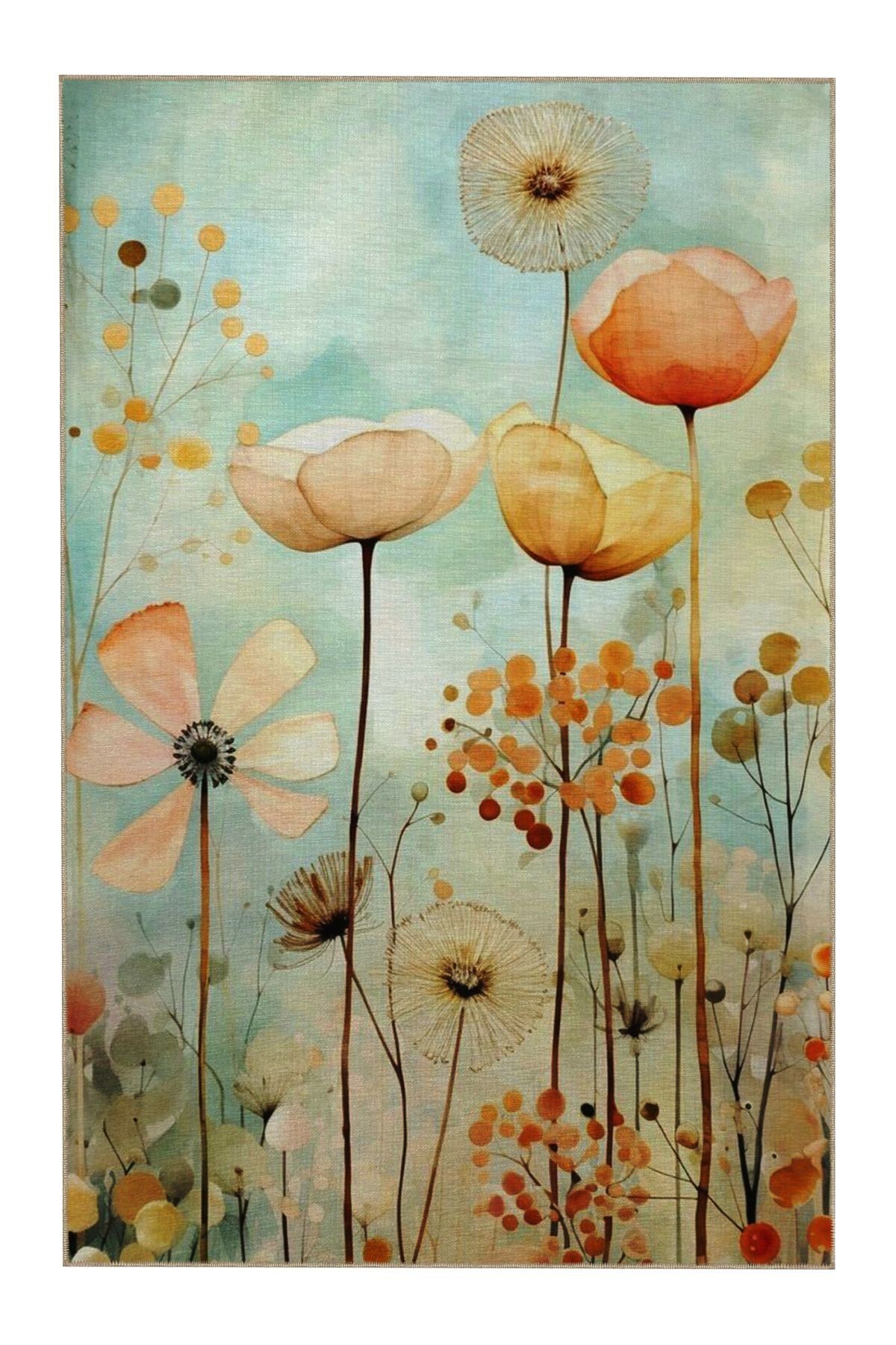 Pastel Tema Çok Renkli Çiçek Bahçesi Floral Desenli Modern Dekoratif Halı 5376