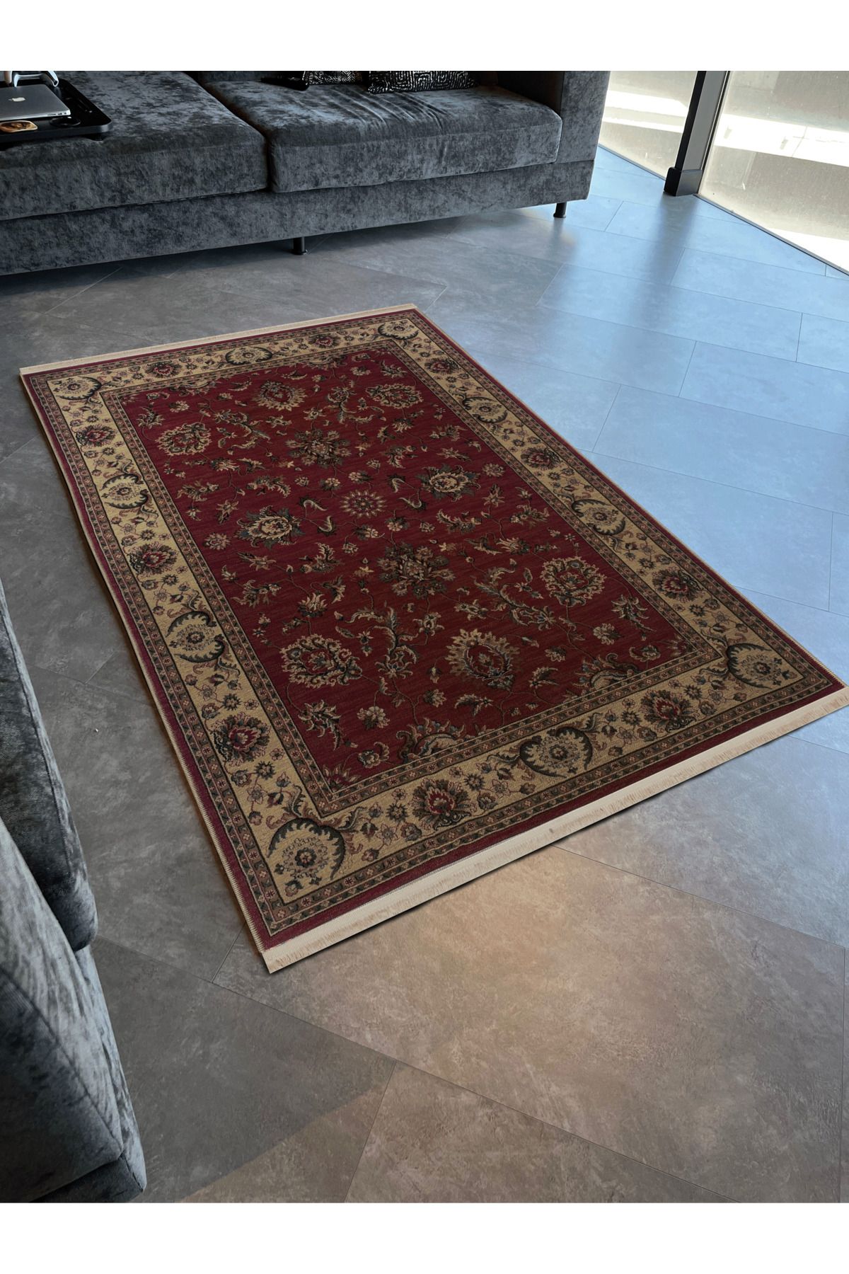 Bordo Temalı Geleneksel Motif Etnik Çiçek Desenli Kreatif Vintage Dekoratif Halı 2865