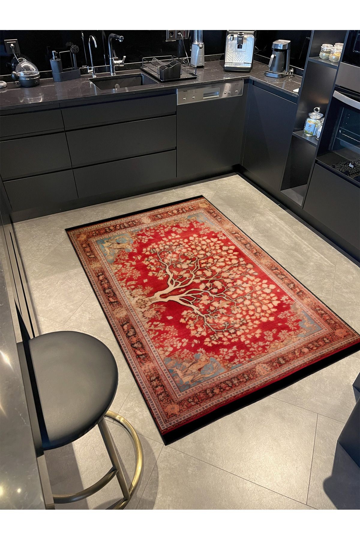 Dido 2 Koleksiyonu Kırmızı Temalı Sonbahar Ağaç Desenli Vintage Dekoratif Halı 02