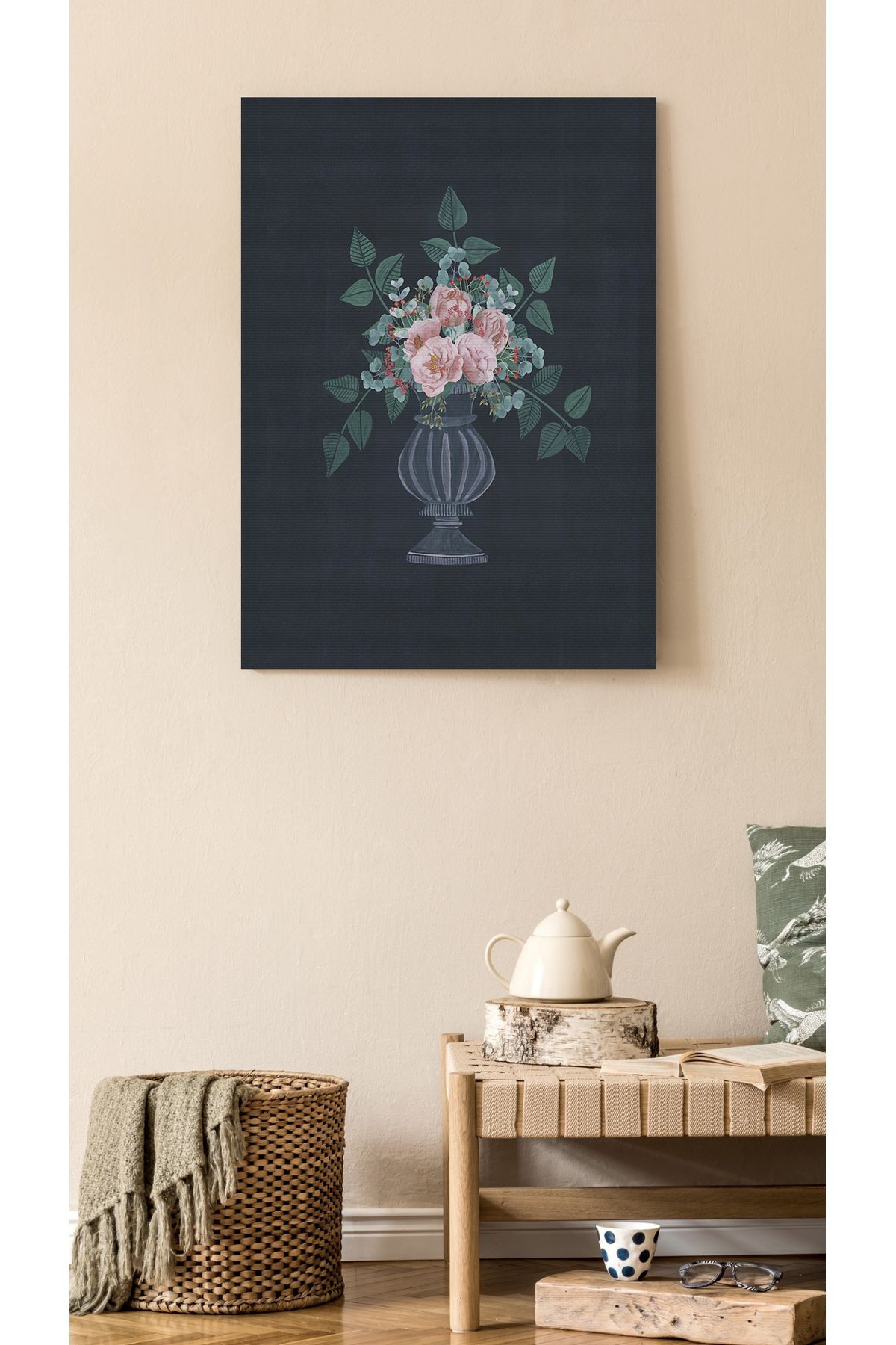 Kanvas Tablo Siyah Temalı Çiçek Vazo Desenli Modern Tablo