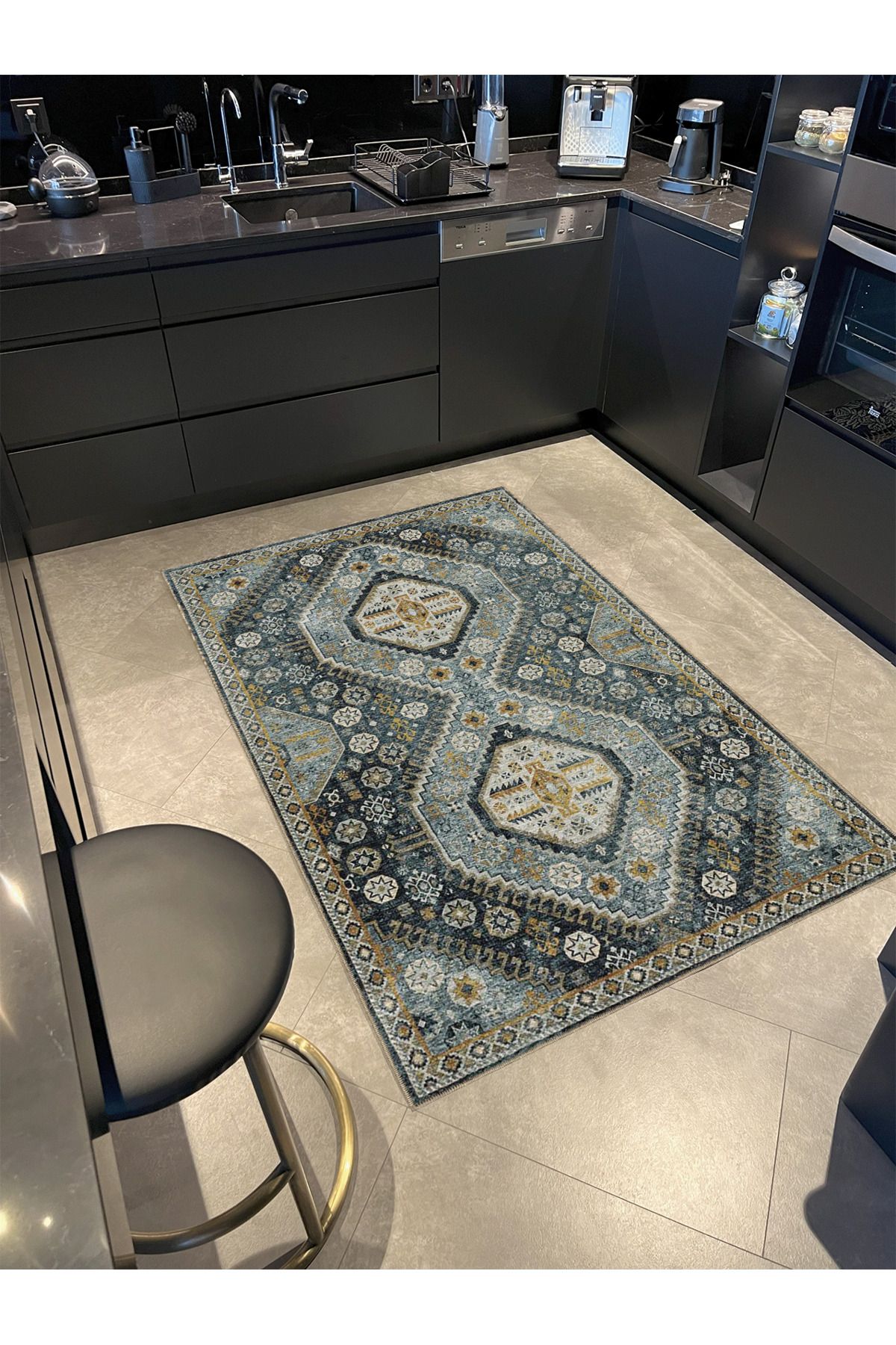 Mavi Sarı Ton Geleneksel Motif Etnik Desenli Vintage Dekoratif Halı 3976