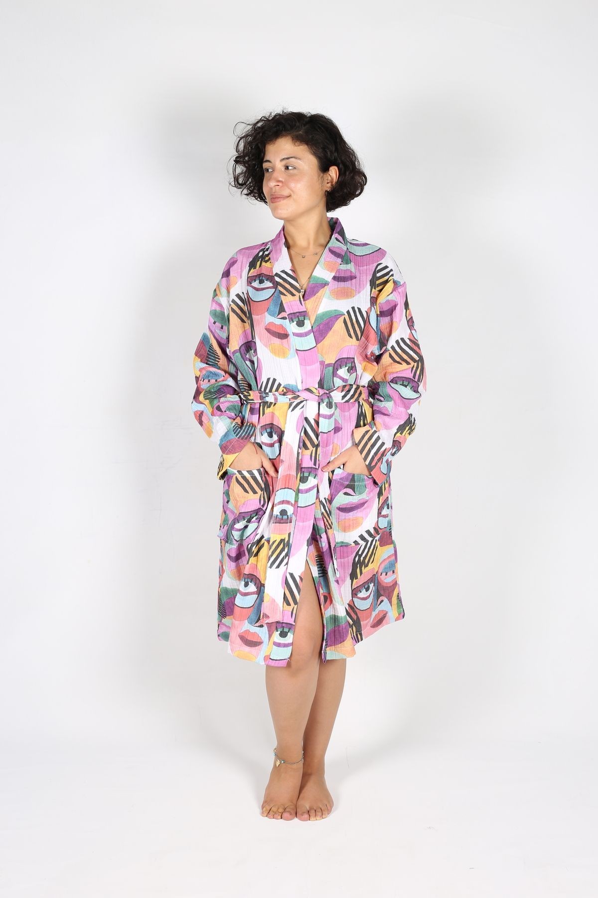 Heritage Leopar Desenli Unisex Müslin Bornoz Sabahlık Kimono - Ztbornoz - mor