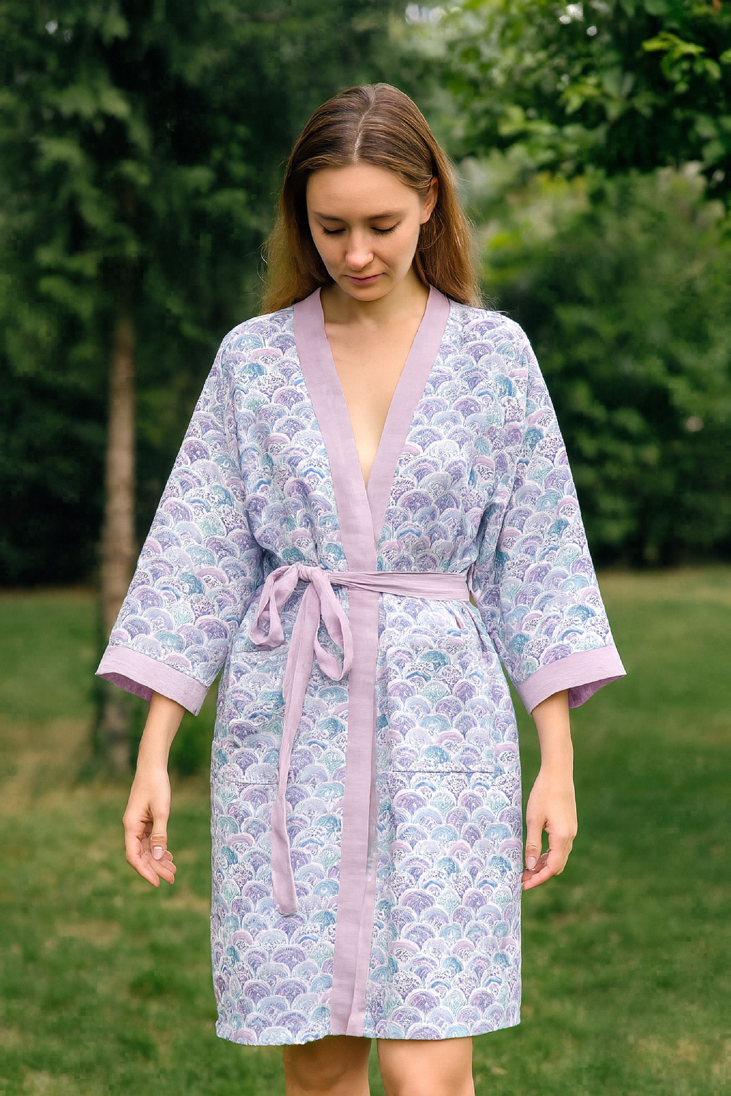 Baskılı Müslin Kimono Bornoz – Unisex | %100 Pamuk Yumuşacık 2 Katlı Doğal Kumaş - Caroline
