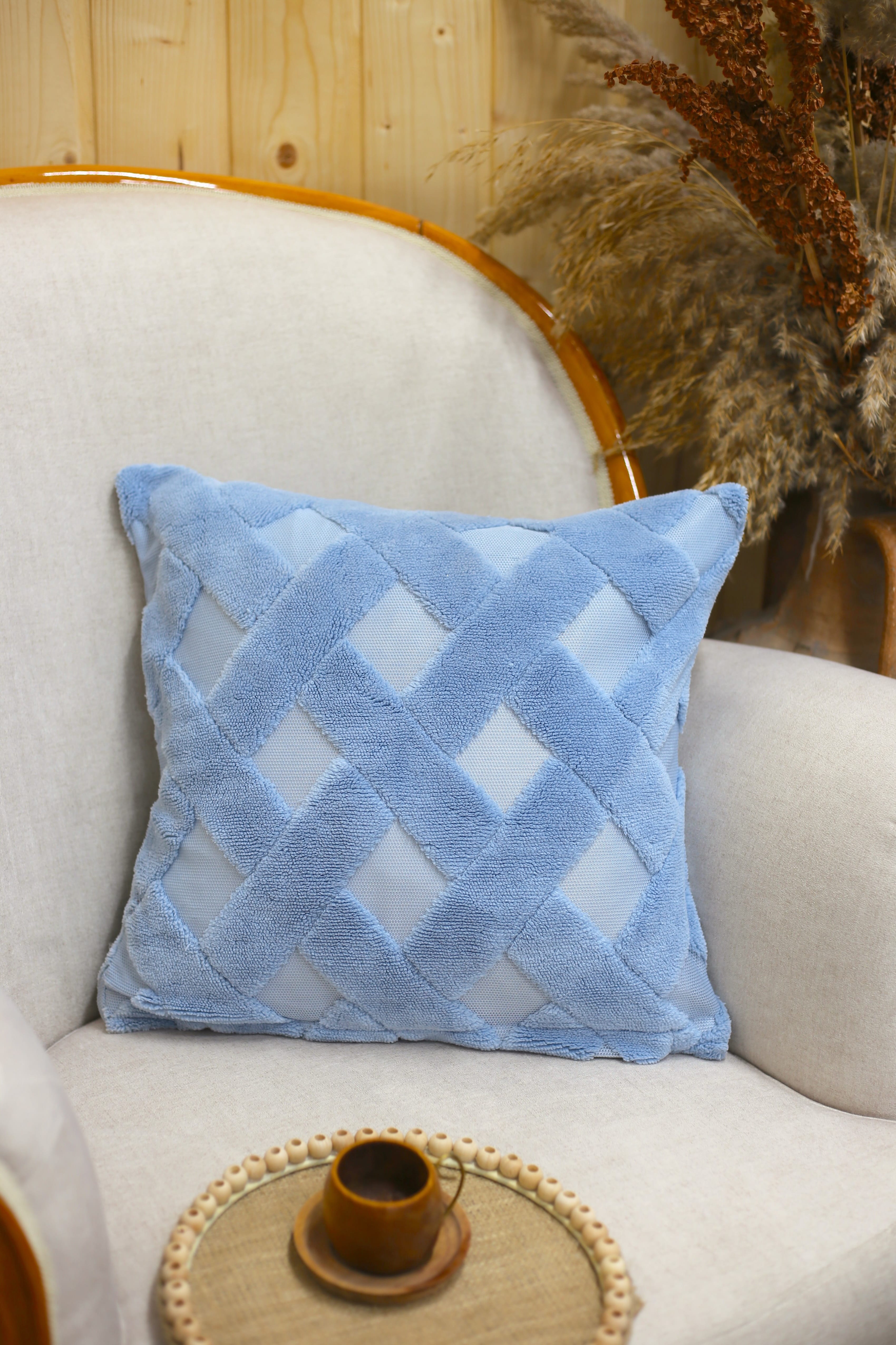 Cross | Welsoft Jakarlı Dekoratif Kırlent Kılıfı 43x43 cm - Mavi