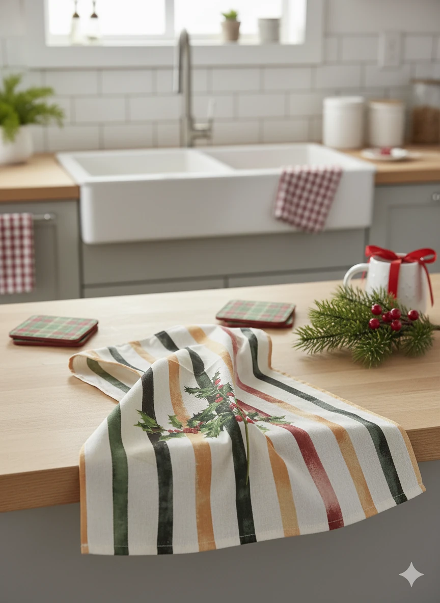 Christmas | %100 Pamuk Baskılı Kurulama Bezi – 40×60 cm Yılbaşı Temalı - Holly Line