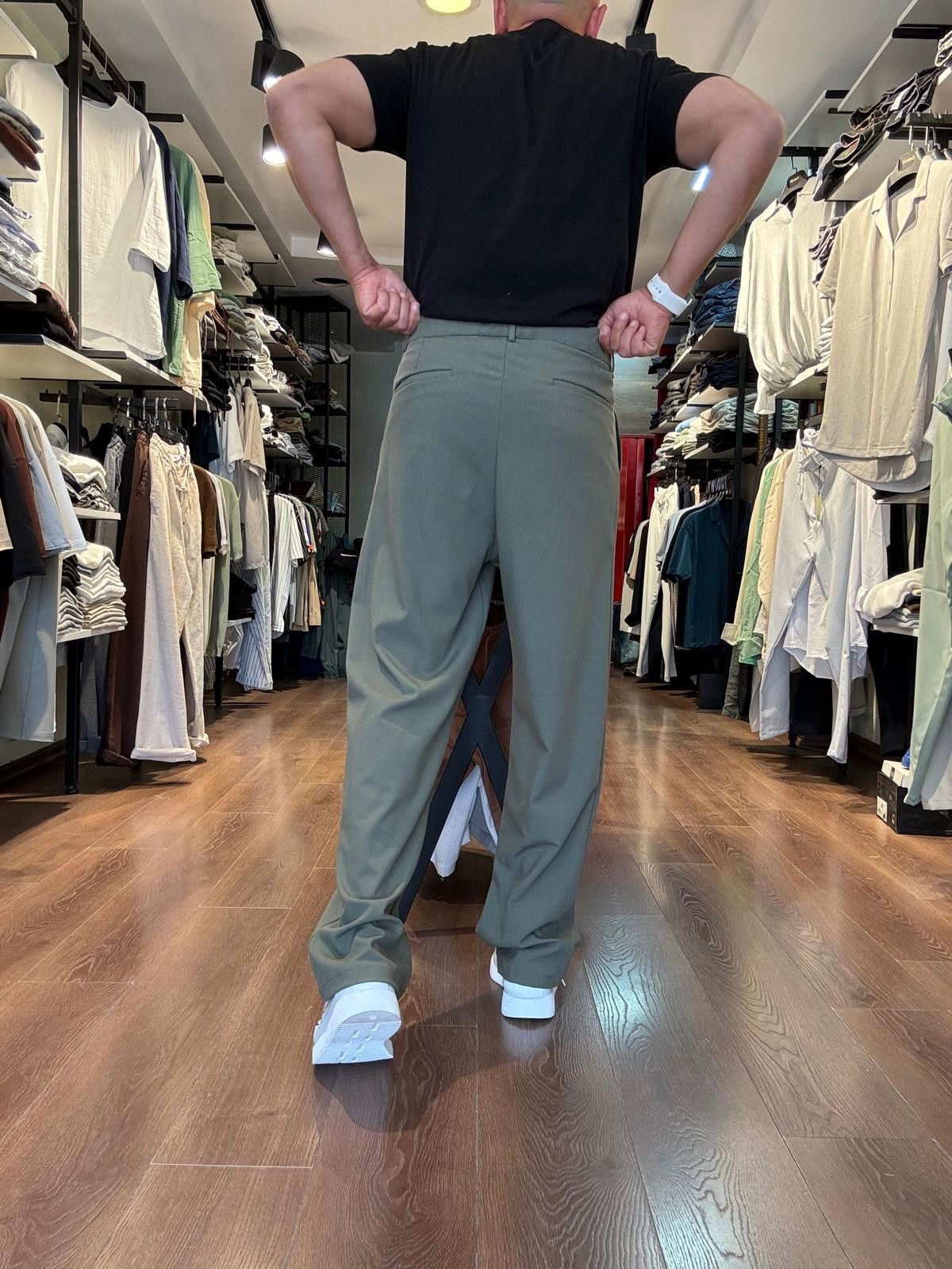 Erkek Yeşil Baggy Model Pileli Yüksek Bel Kumaş Patolon PNT4032-Y