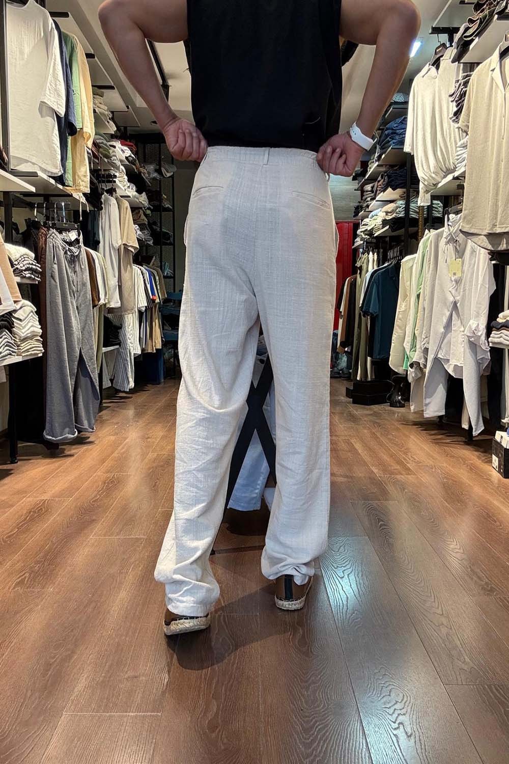 Erkek Bej Baggy Model  Bel bağcıklı Keten Pantolon PNT4068-BJ