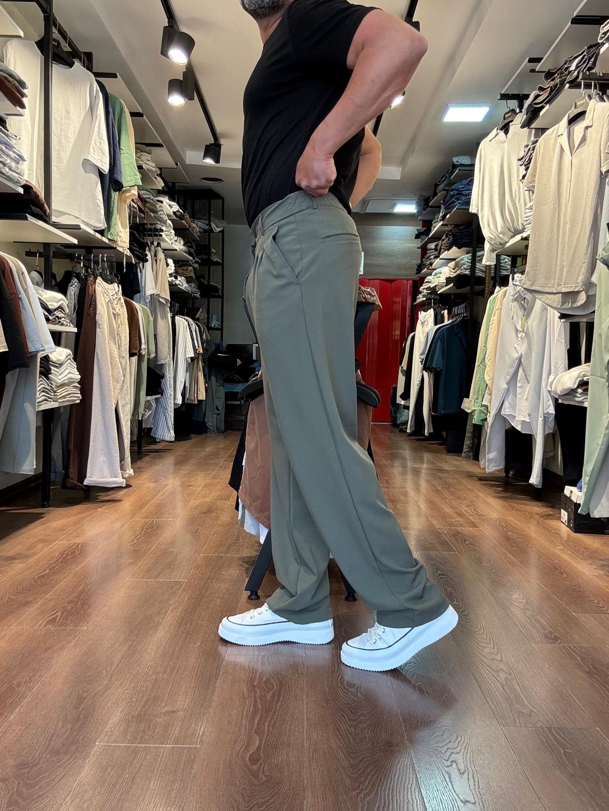 Erkek Yeşil Baggy Model Pileli Yüksek Bel Kumaş Patolon PNT4032-Y