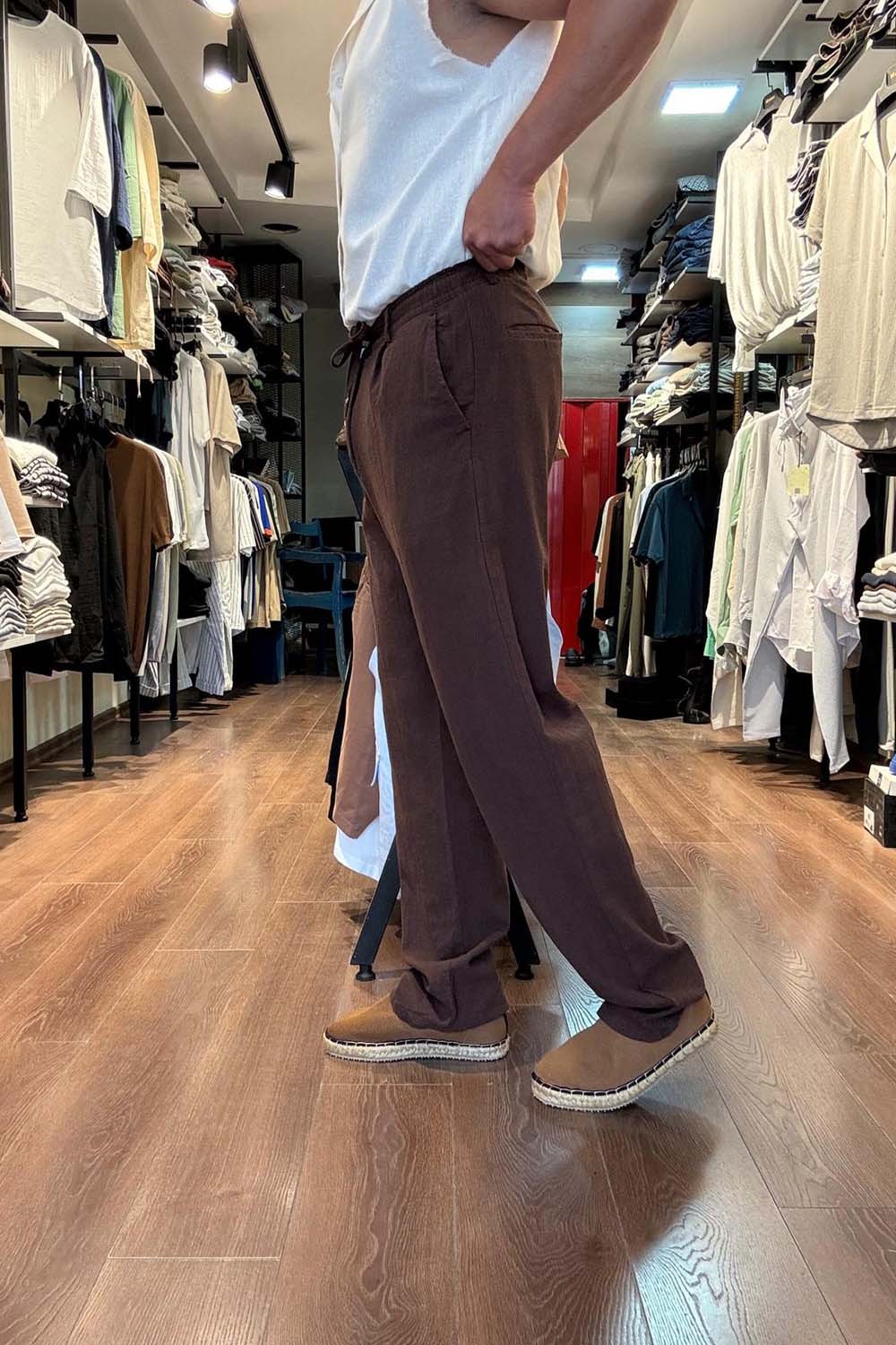 Erkek Kahve Baggy Model  Bel bağcıklı Keten Pantolon PNT4068-K