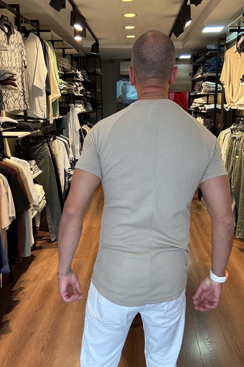 Erkek  Bej  Reglan Kol Oval Kesim Wafle Kumaş T-Shirt  TST471-BJ