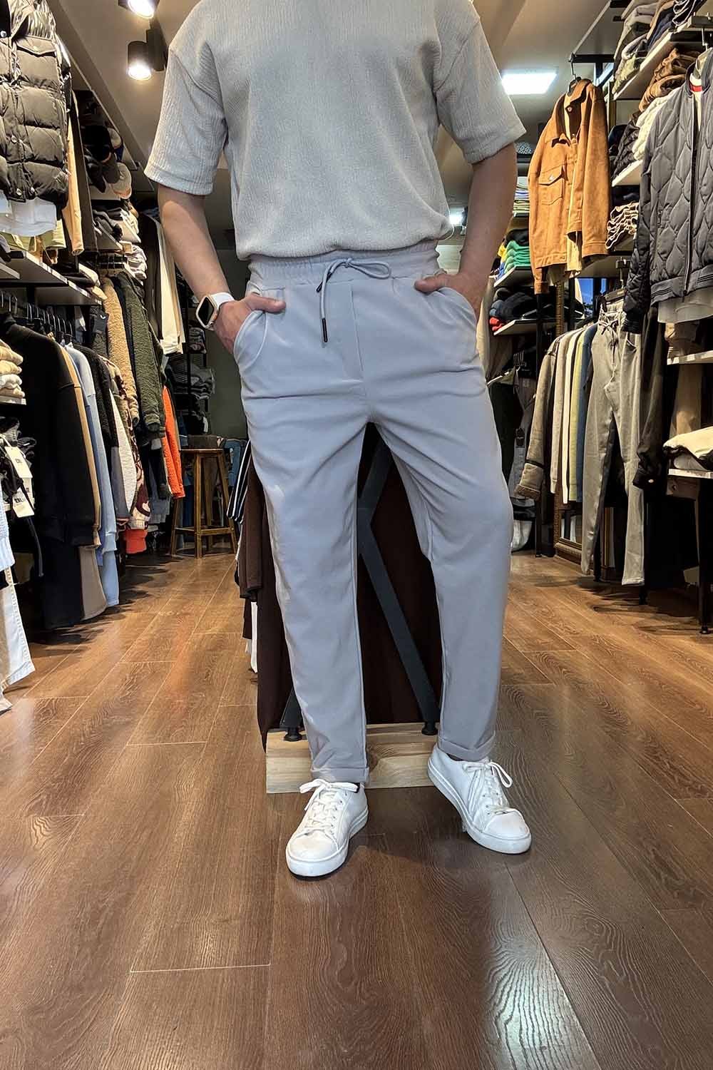 Gri Esnek Kumaş Duble Paça Jogger Pantolon BRO-PNT-GRI