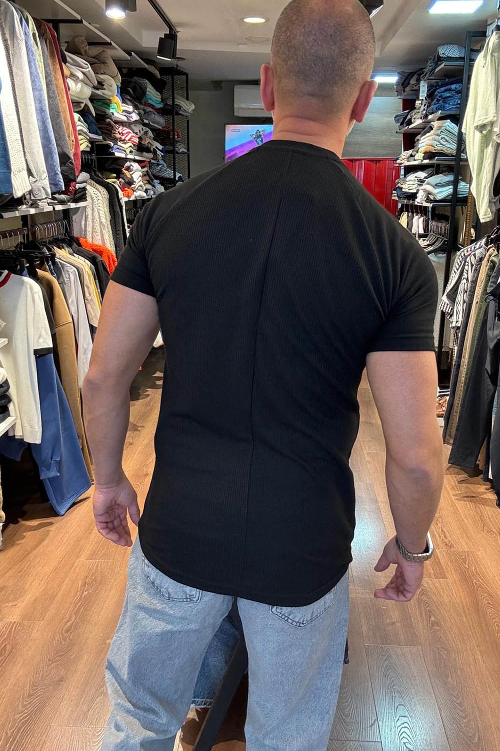 Erkek  Siyah Reglan Kol Oval Kesim Wafle Kumaş T-Shirt  TST471-S