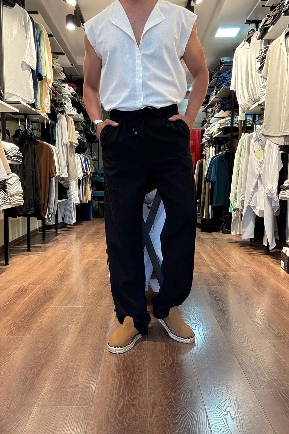 Erkek Siyah Baggy Model  Bel bağcıklı Keten Pantolon PNT4068-S