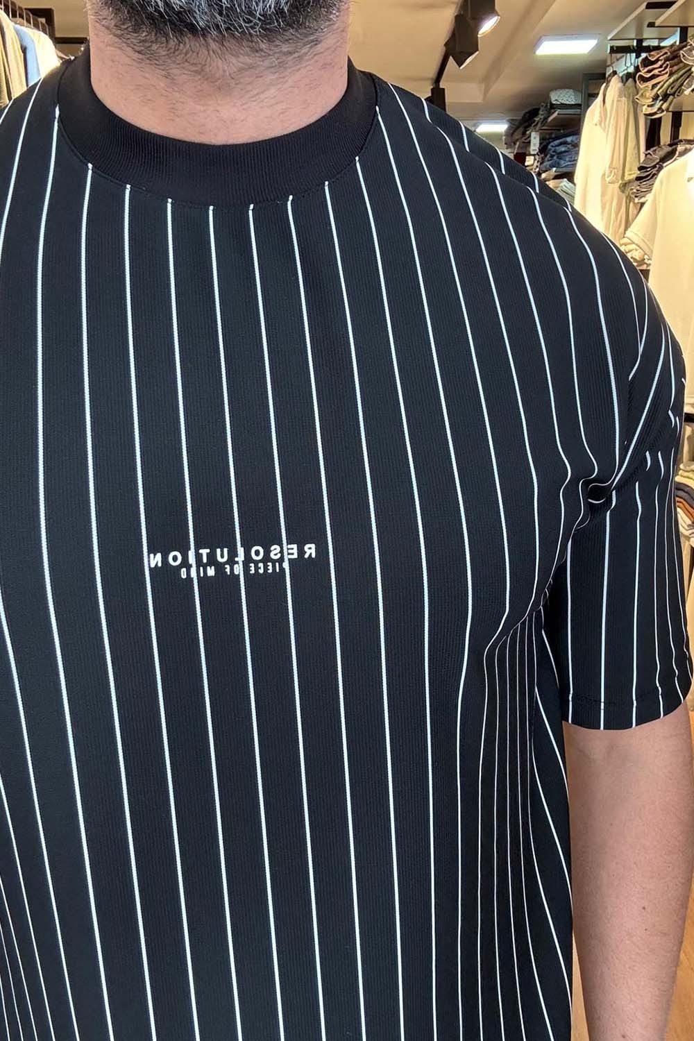Erkek Siyah Çizgili  Sırt Detaylı Over Size T-Shirt TST2066-S