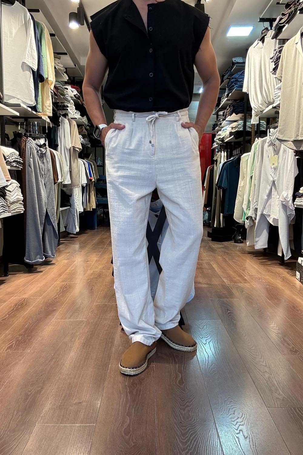 Erkek Bej Baggy Model  Bel bağcıklı Keten Pantolon PNT4068-BJ