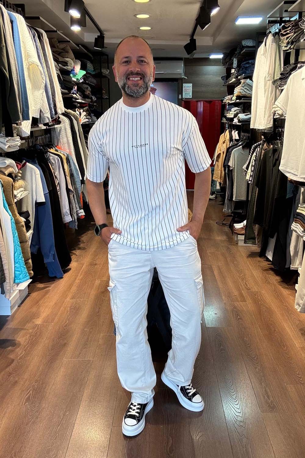 Erkek Beyaz Çizgili  Sırt Detaylı Over Size T-Shirt TST2066-B
