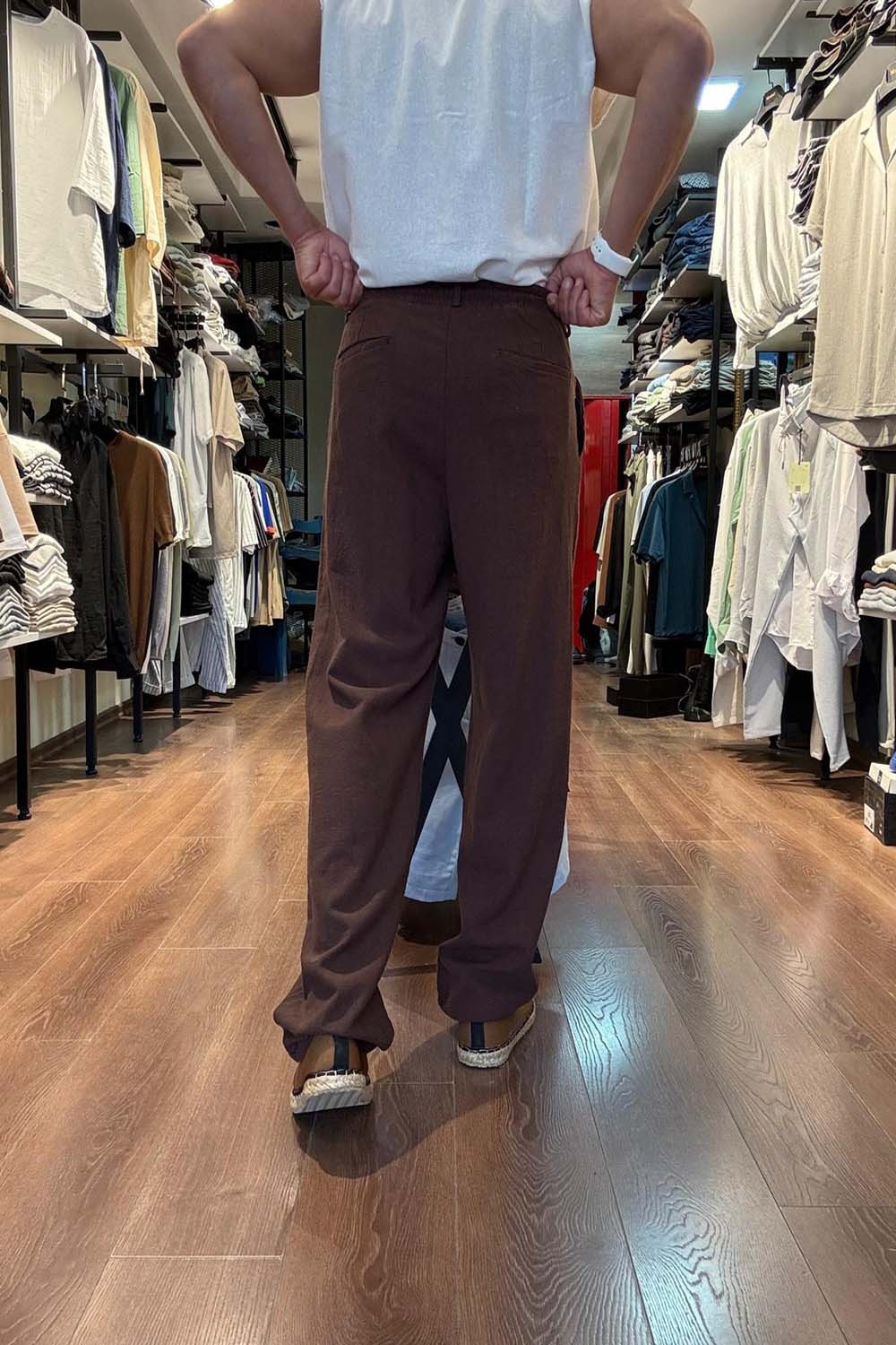 Erkek Kahve Baggy Model  Bel bağcıklı Keten Pantolon PNT4068-K