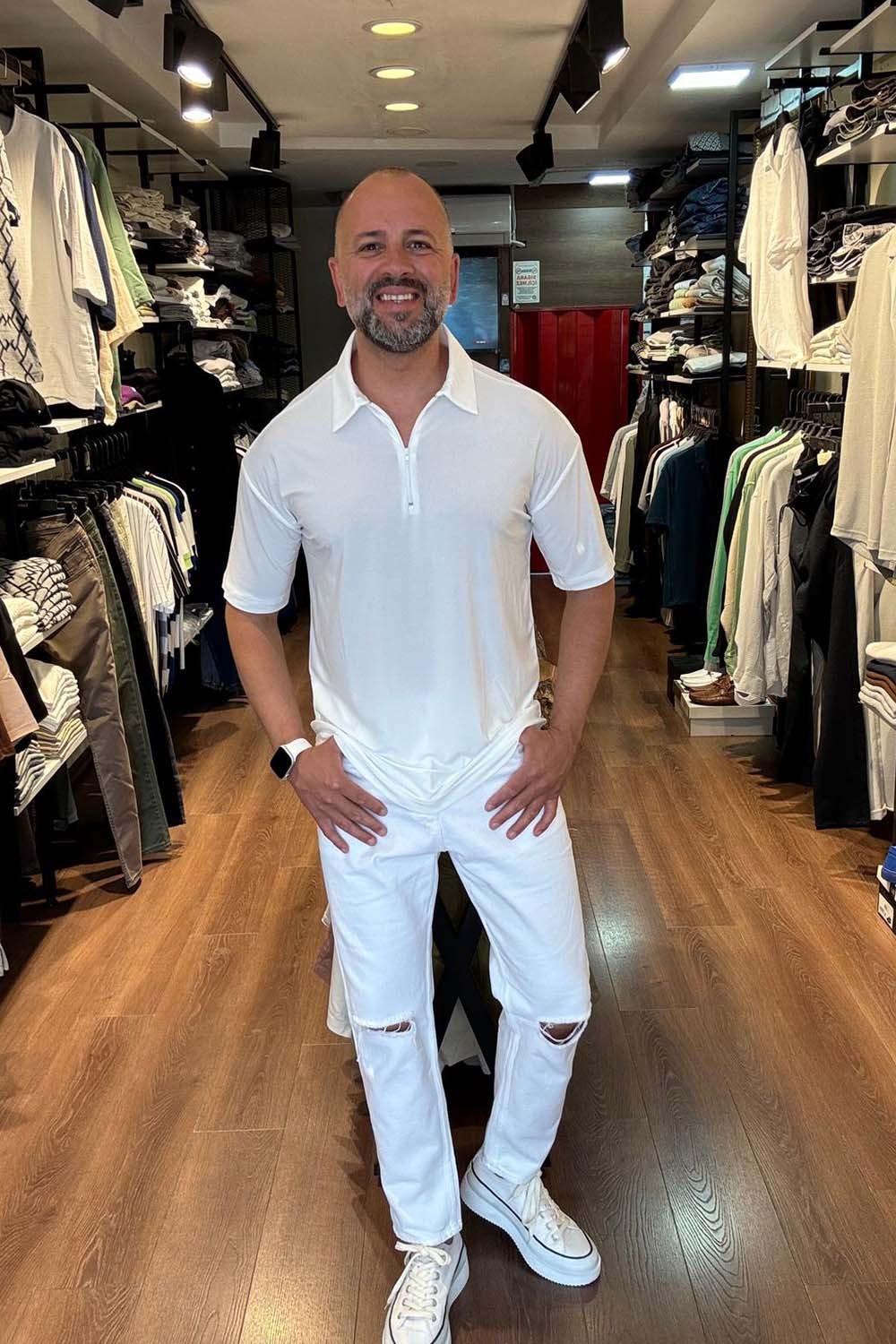 Erkek Beyaz Over Size Fermuarlı Polo Yaka T-Shırt  TST2444
