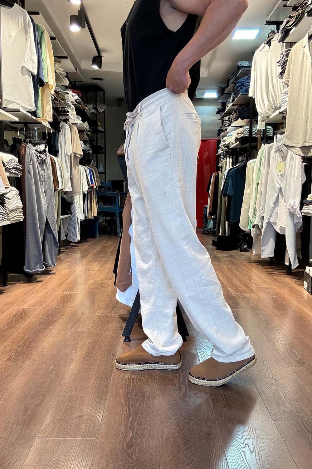Erkek Bej Baggy Model  Bel bağcıklı Keten Pantolon PNT4068-BJ