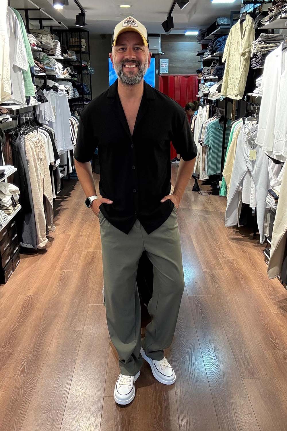Erkek Siyah Apaç Yaka Örme Kumaş Over Size Gömlek GML2219-S