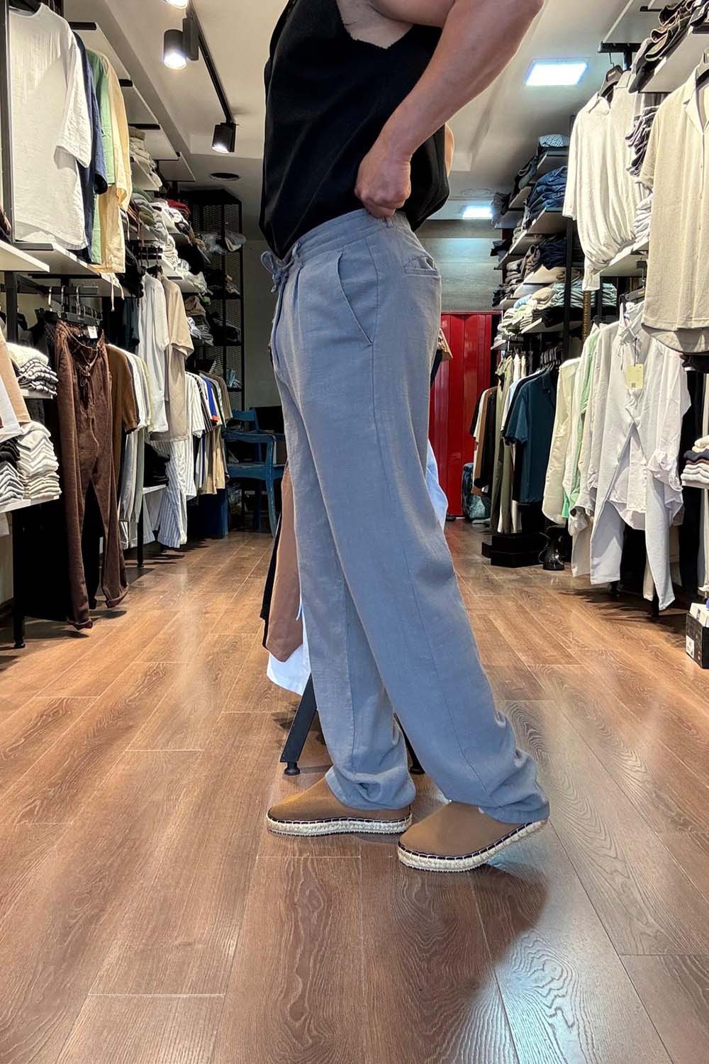 Erkek Antrasit Baggy Model  Bel bağcıklı Keten Pantolon PNT4068-ANT