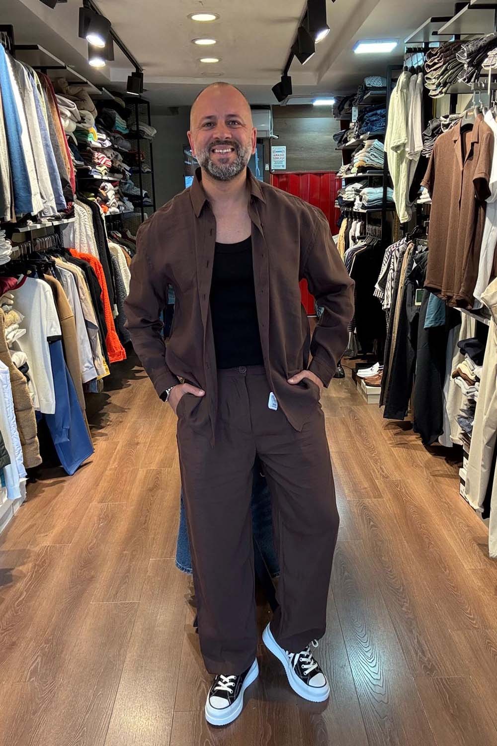 Erkek Kahve Modal Kumaş Over Size Pantolon&Gömlek Takım TKM251022-K