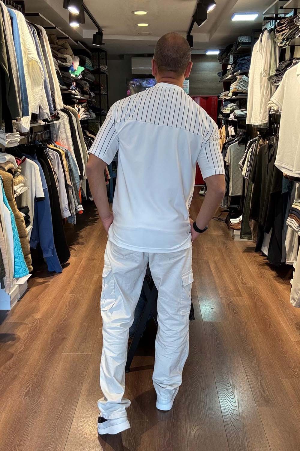 Erkek Beyaz Çizgili  Sırt Detaylı Over Size T-Shirt TST2066-B