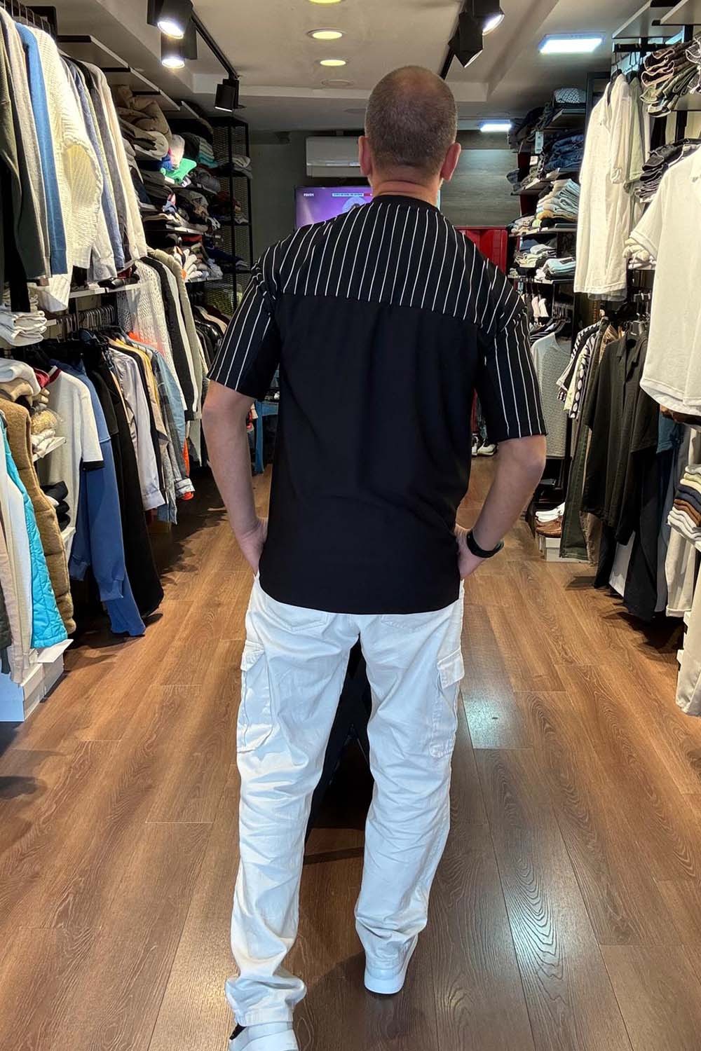Erkek Siyah Çizgili  Sırt Detaylı Over Size T-Shirt TST2066-S