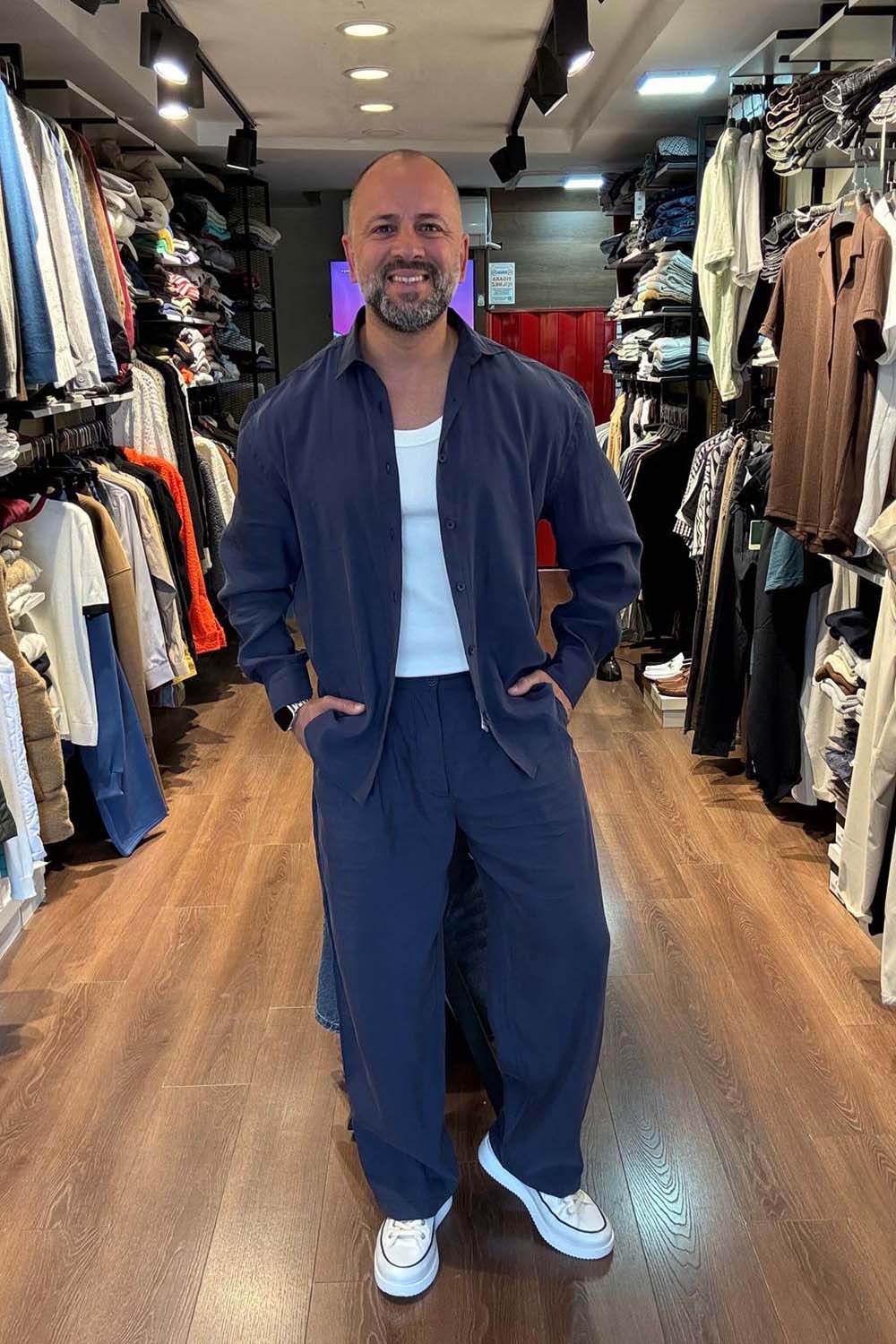 Erkek Lacivert Modal Kumaş Over Size Pantolon&Gömlek Takım TKM251022-L