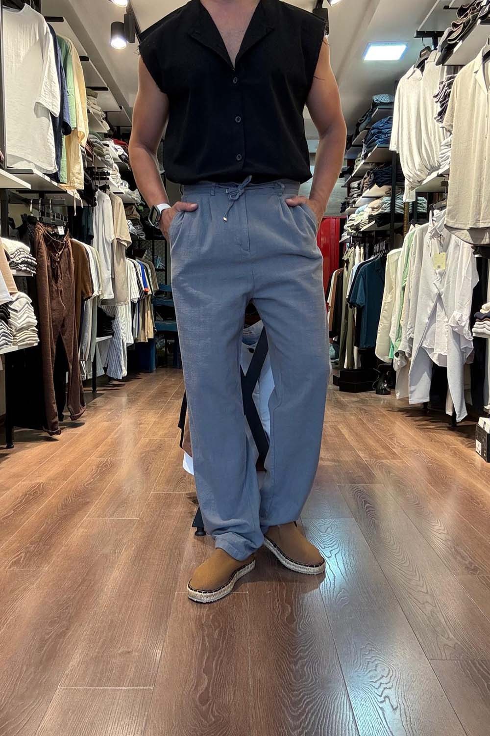 Erkek Antrasit Baggy Model  Bel bağcıklı Keten Pantolon PNT4068-ANT
