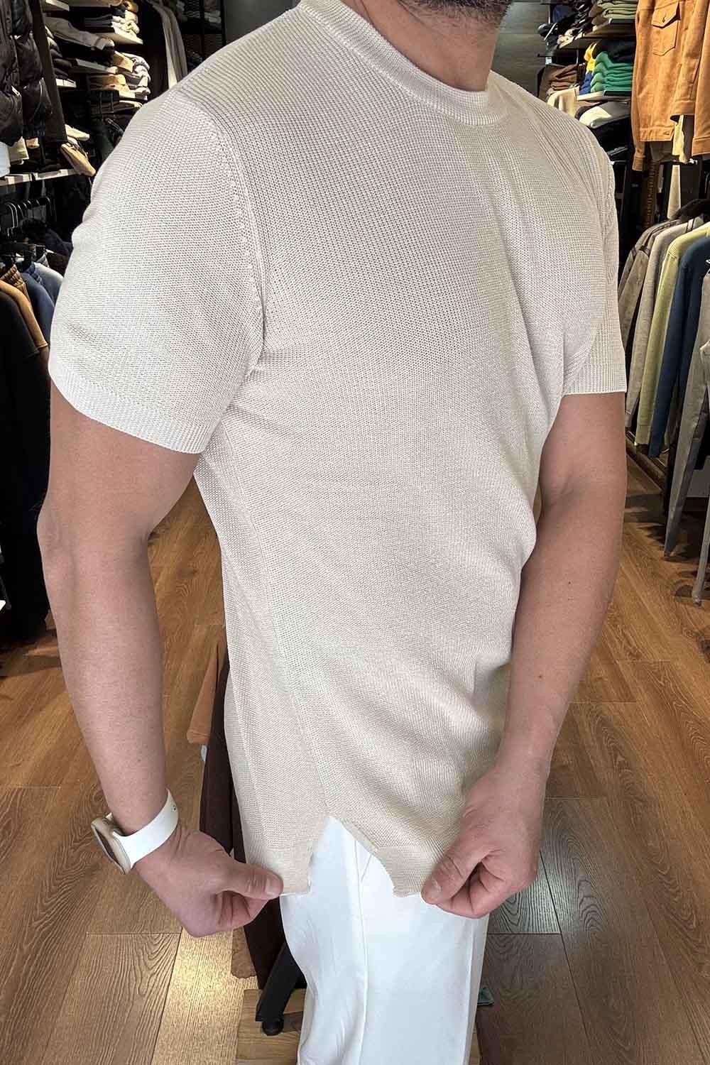 Bej Sıfır Yaka Triko T-Shirt CDD3056BJ