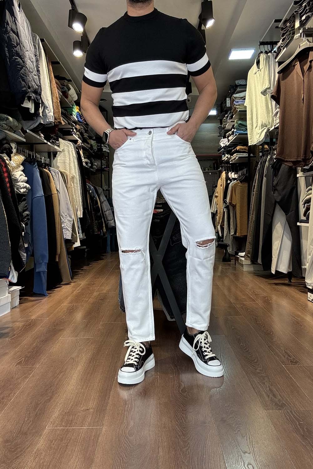 Erkek Beyaz BoyFriend Denim Pantolon PNT2512