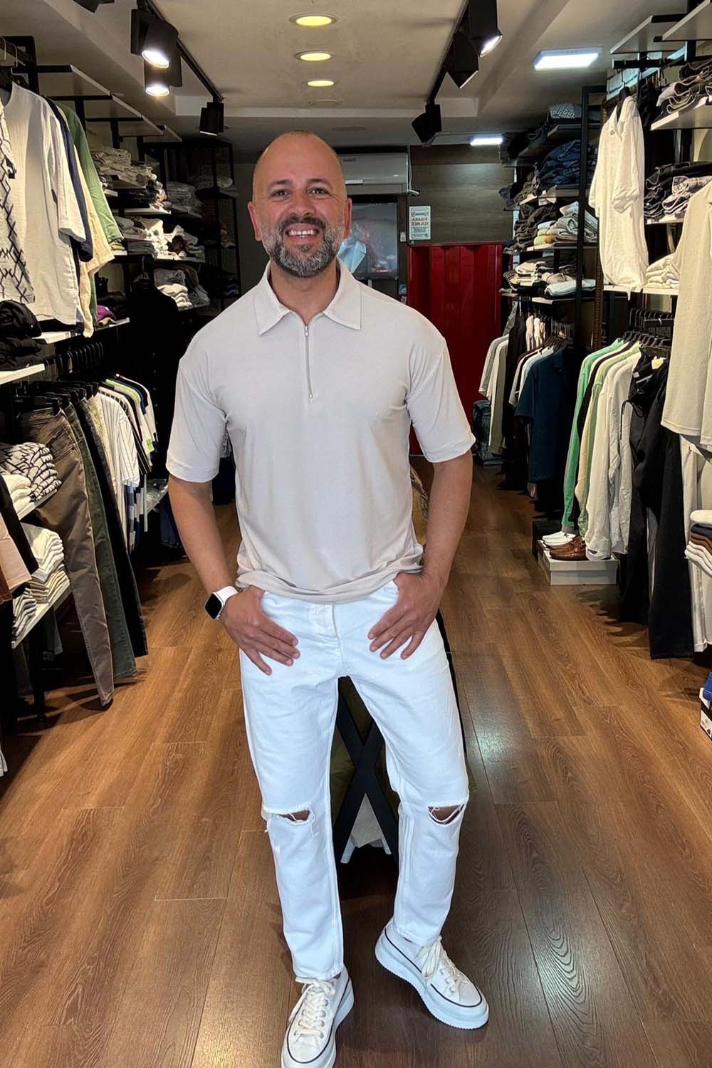 Erkek Bej Over Size Fermuarlı Polo Yaka T-Shırt TST2444