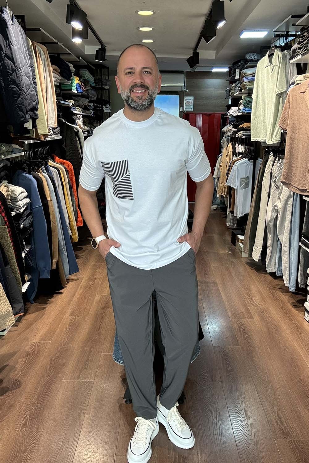 Erkek Beyaz Antrasit Çizgi Cep Detaylı Over Size T-Shirt TST1761-AN