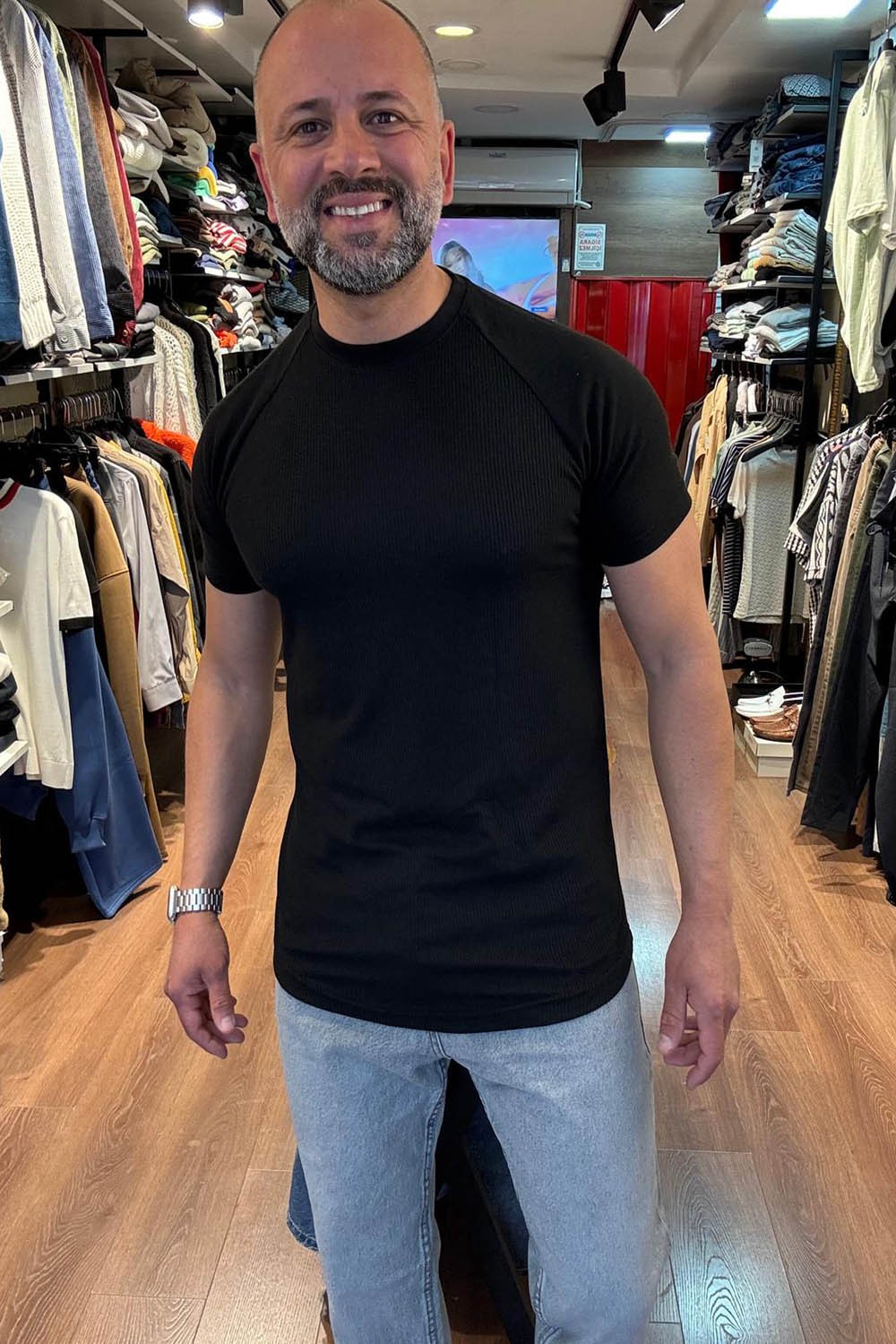 Erkek  Siyah Reglan Kol Oval Kesim Wafle Kumaş T-Shirt  TST471-S