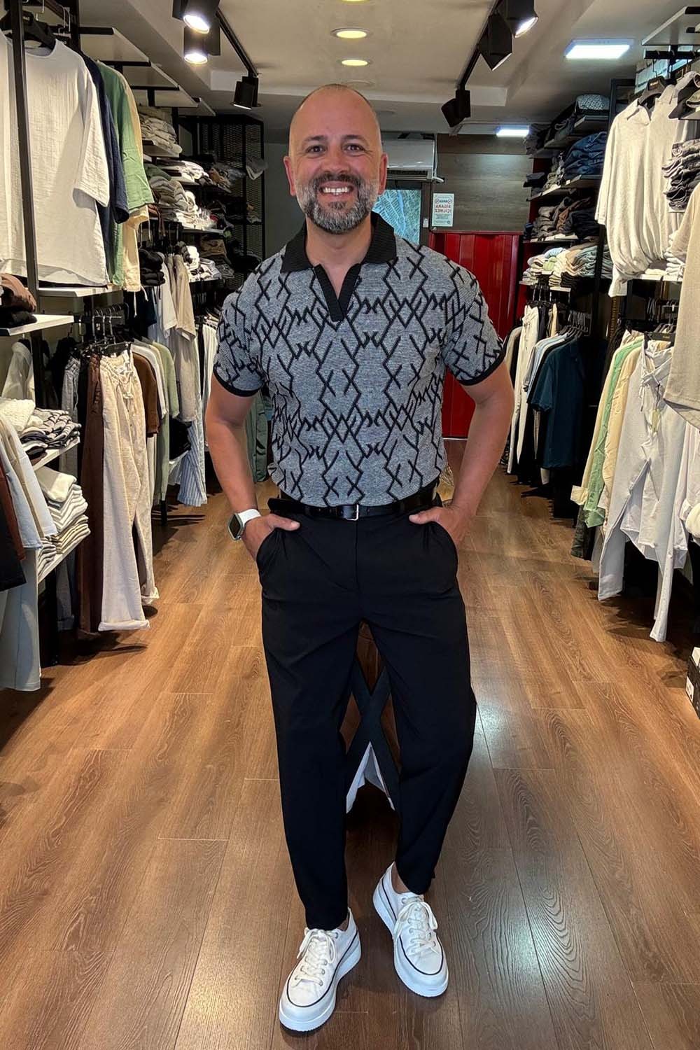 Erkek Beyaz Siyaz Desenli Trıko Kumaş Slim Fit Polo  T-Shırt TST2190
