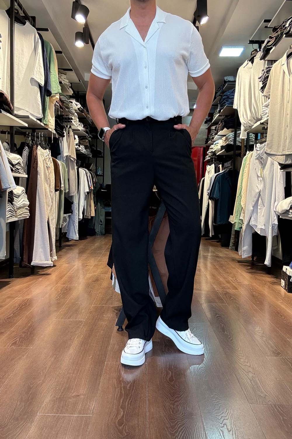 Erkek Siyah Baggy Model Pileli Yüksek Bel Kumaş Patolon PNT4032-S