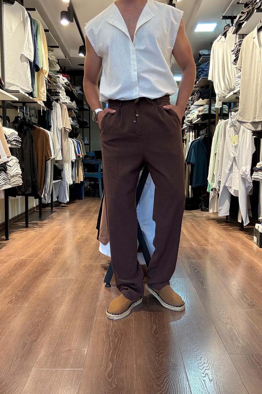 Erkek Kahve Baggy Model  Bel bağcıklı Keten Pantolon PNT4068-K