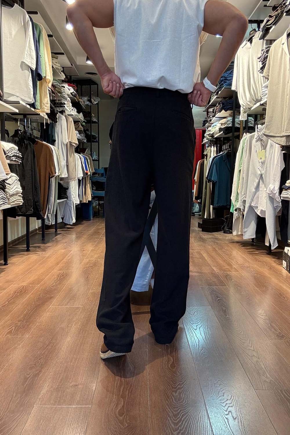 Erkek Siyah Baggy Model  Bel bağcıklı Keten Pantolon PNT4068-S