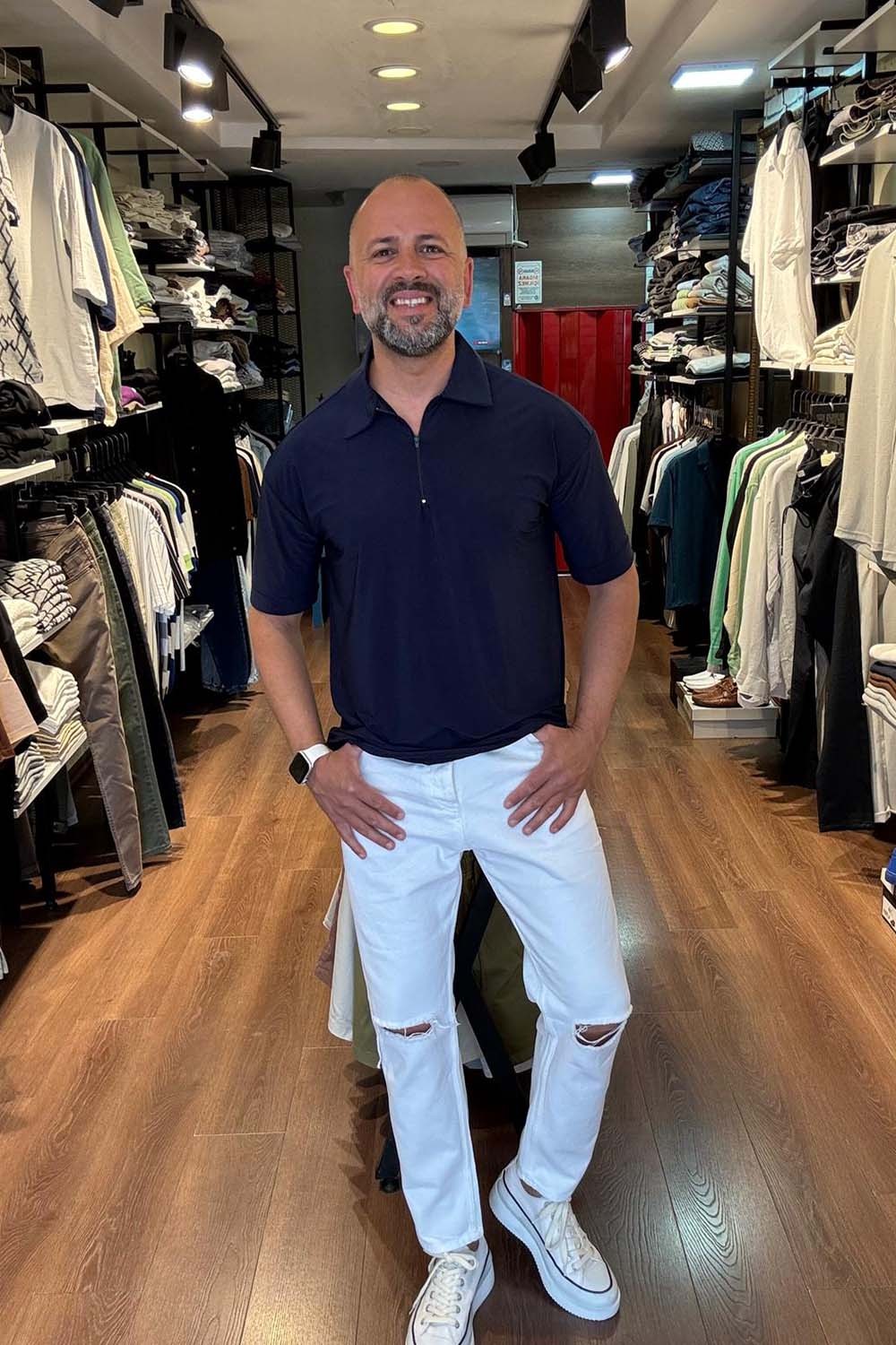 Erkek Lacivert Over Size Fermuarlı Polo Yaka T-Shırt  TST2444