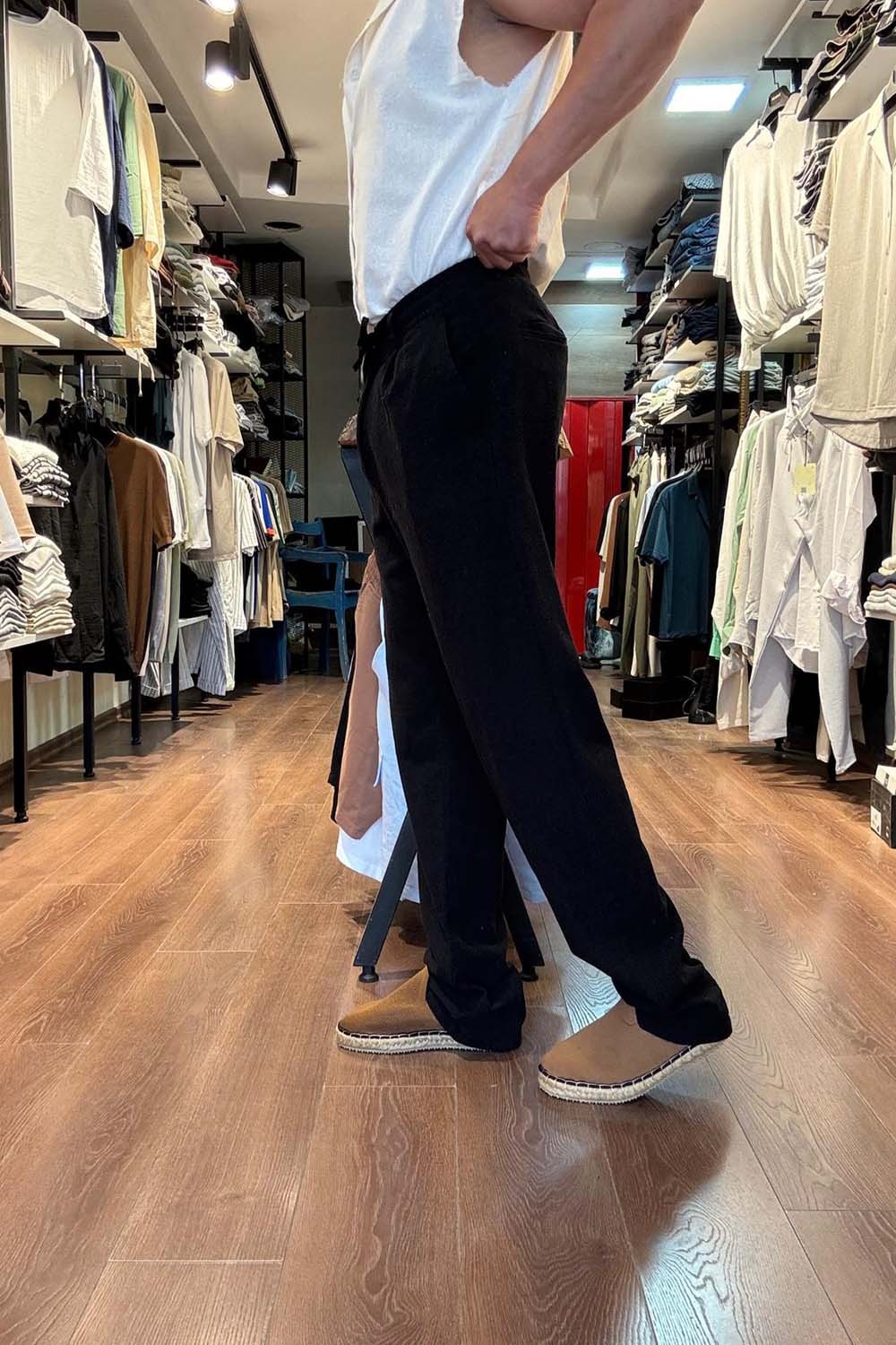Erkek Siyah Baggy Model  Bel bağcıklı Keten Pantolon PNT4068-S